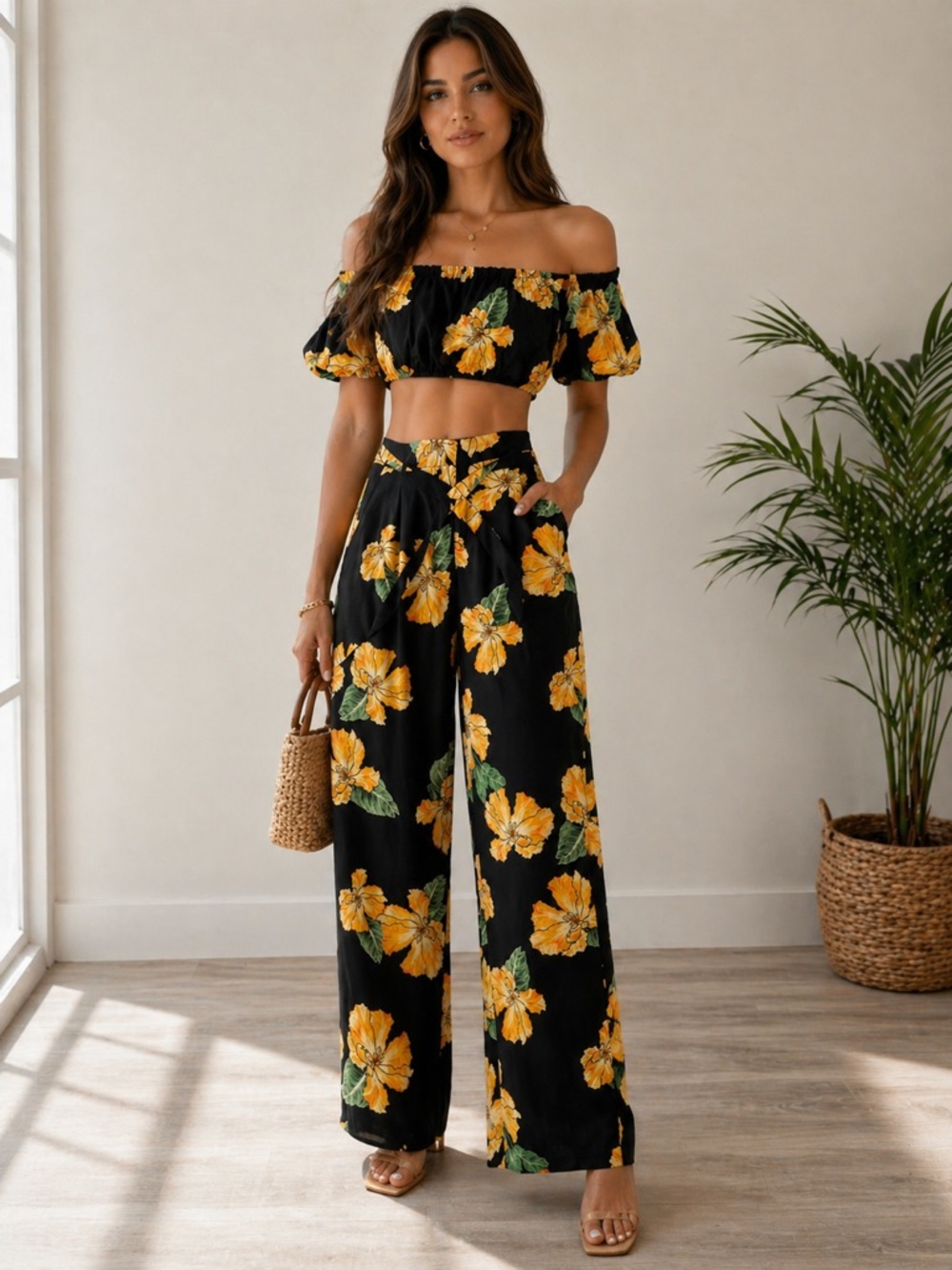 Zara Black Wide-Leg Pants with Yellow Floral Print and Green Leaves